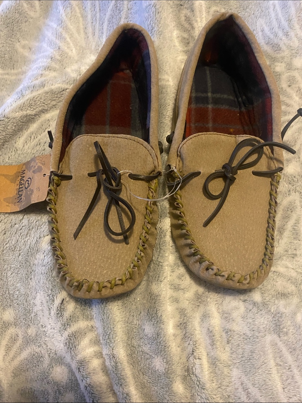 Magellan Outdoors Tan Suede Moccasin Slippers with Plaid Lining